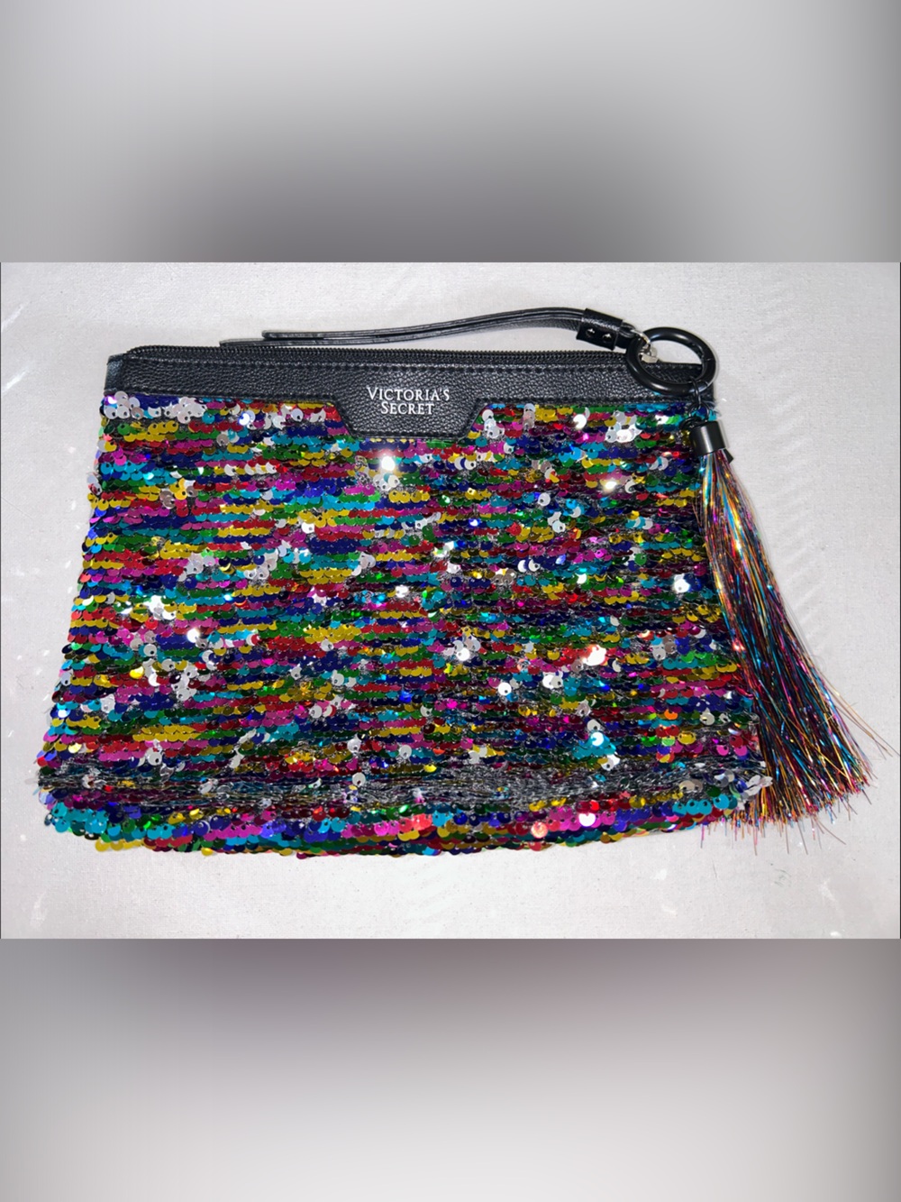 Victoria's Secret Rainbow Sequin Makeup Bag Wristlet Clutch with Tassel